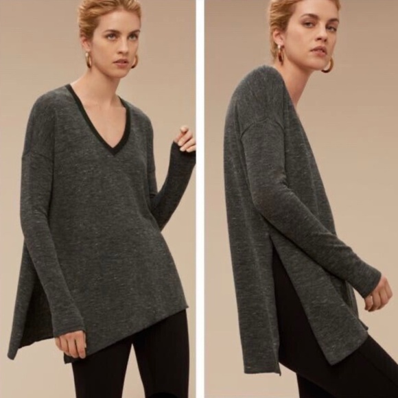 ARITZIA Wilfred Sherbrooke Marled Black Long Sleeve V-Neck Lightweight Sweater - Picture 1 of 10